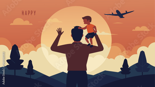 Father carrying son on shoulders in front of sunset