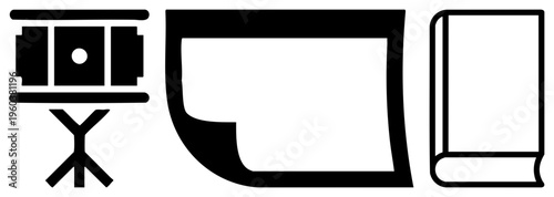 Stylized camera, monitor, and book in art, digital interface symbols, flat vector design, educational or tools.