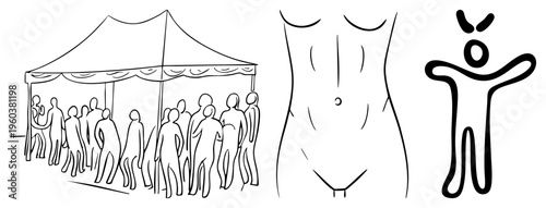 Silhouette crowd under canopy tent, minimalist torso with navel, abstract joyful figure, art, human form symbols.