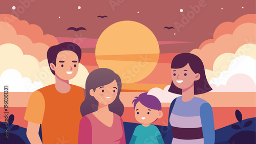 A cartoon family of four standing together