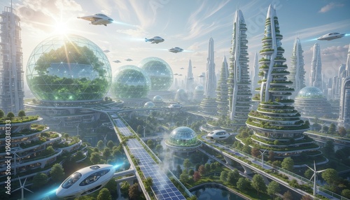 Futuristic sustainable green city with eco-friendly architecture, biodomes, and flying cars. Advanced urban planning featuring solar energy and lush gardens under a bright sunny sky.