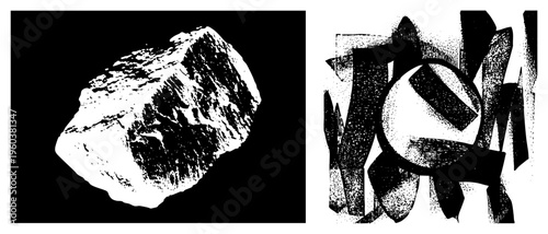 Bold black and white abstract composition with halftone shading, angular forms, central spherical element, graphic design, vector art.