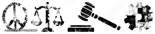 Distressed black peace sign, scales of justice, gavel, puzzle fragment. Vector symbols with gritty texture, ideal for protest, legal, or problem solving themes.