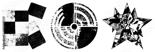 Checkered, circular, starburst shapes with grainy textures, halftone dots, stark black and white contrast. Modern art, fragmented forms, retro print aesthetic.
