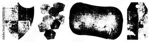 Weathered shield emblem, fragmented polygonal shapes, elongated banner, torn tag graphic all in distressed black and white vector style, ideal for gritty design projects.