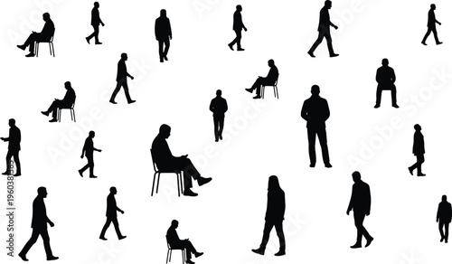 people silhouettes set, walking standing sitting human figures collection, crowd characters, male female poses, black silhouette vector illustration pack