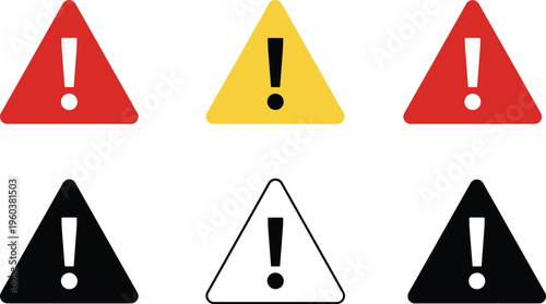 warning triangle icons set, caution alert symbols collection, danger sign exclamation marks, safety hazard icons, outline and solid vector