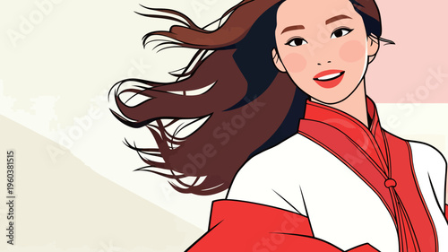 Woman in traditional clothing enjoys the breeze while standing against a soft background in an artistic setting during daytime