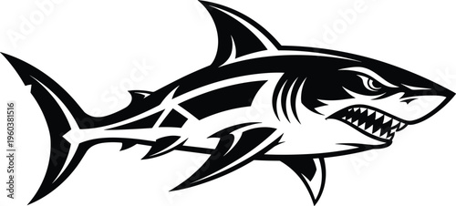Aggressive shark mascot logo vector illustration in black and white sharp teeth marine predator design for sports branding and tattoos