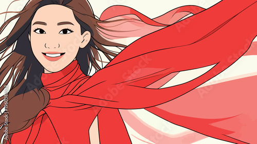 Woman with flowing red scarf smiles while standing against a simple background with hair blowing in the wind during a sunny day