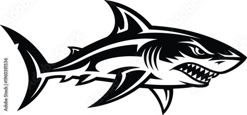 Aggressive shark mascot vector logo in black and white fierce marine predator illustration for sports team branding tattoo and emblem design