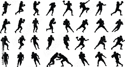 American football player silhouettes collection with dynamic action poses running catching tackling vector illustration for sports design branding and team graphics