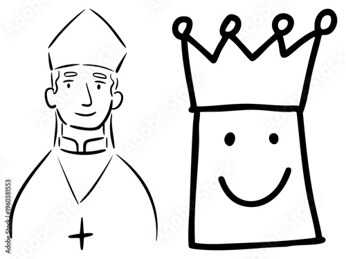 Simple black drawings of a smiling bishop with and a joyful crowned king, stylized cartoon characters, isolated vector, religious and symbolism.
