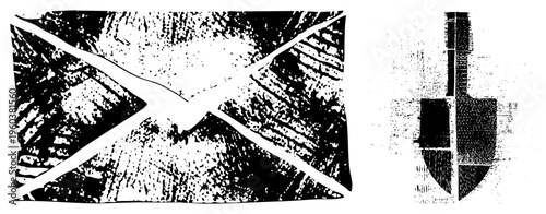 Scottish national flag with white saltire on textured black field, paired with abstract geometric emblem, halftone vector art, isolated graphic elements, stylized.