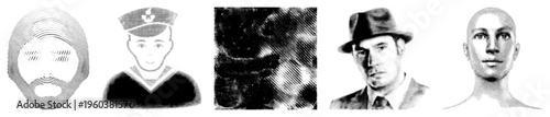 Vector halftone portraits sailor, fedora man, bald man, abstract face, stylized head. Dot matrix rendering,, graphic design elements.