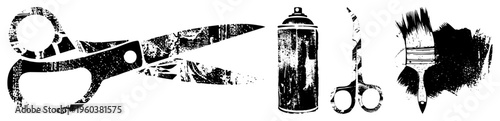 Artistic tools for design, including cutting scissors, spray paint can, and paintbrush, used in graphic, fashion, and visual. Crafting implements, creative kit.