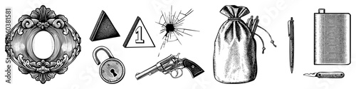 Decorative mirror frame, numbered warning sign, revolver pistol, padlock, drawstring pouch, pen, flask, pocketknife classic noir props, noir film set, detective gear.