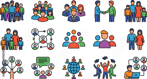 Business teamwork collaboration people icons set networking partnership communication group meeting social connection leadership community vector collection