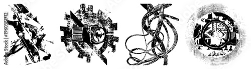 Vectorized mechanical components rendered in halftone, abstract gear systems, industrial motifs, stylized machinery, design.