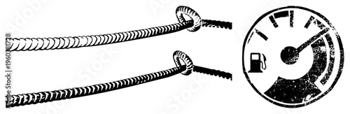 Two rope with looped knots and a distressed fuel gauge, classic vector graphics, industrial and automotive symbols, design.