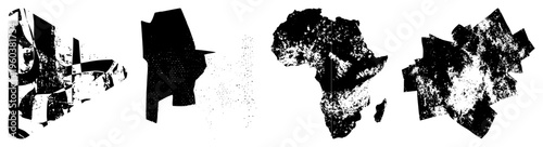 Fragmented black shapes assembling continent, halftone texture, vector art, isolated map pieces, stylized geography.