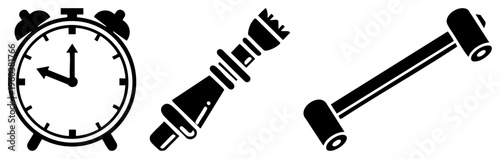 Three isolated vector alarm clock, power plug, and mallet hammer. Minimalist flat design for UI, web, or print. Simple black with no fill, clean shapes.