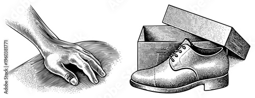 Classic hand illustration with detailed, formal dress shoe, open shoebox, engraved texture, halftone shading, retro graphic design.