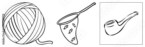 Hand drawn vector yarn skein, fish shaped net, smoking pipe. Simple art, craft and leisure tools, isolated foreground elements.