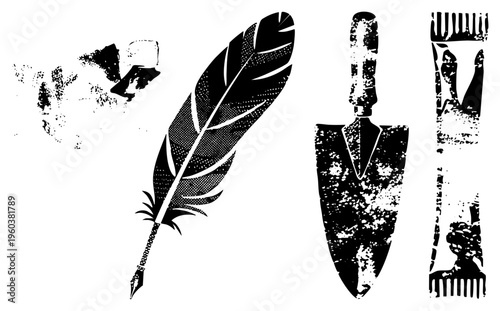 Classic writing tools and gardening implements rendered in gritty halftone, inkwell, quill pen, trowel, comb, vintage graphic, vector.