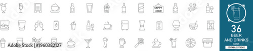 Beer and drinks line icon set with 36 icons beer, alcohol, pub, bar, cocktail, bottle, glass, brewery. Clean linear vector, editable stroke for restaurant and nightlife projects.