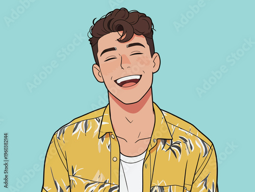 Young man smiles in a colorful shirt against a bright background at a fun event with friends in summer
