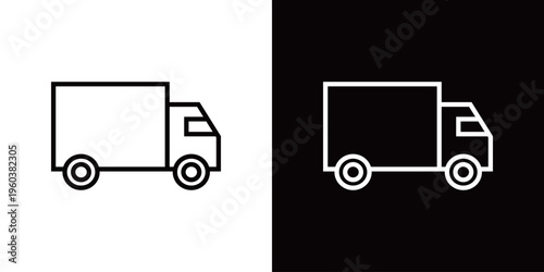 トラックのラインアイコン。白い線と黒い線のモノクロベクターイラストセット