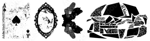 Grungy ace of spades card, decorative oval frame, abstract organic shapes, cracked mosaic, vector art.