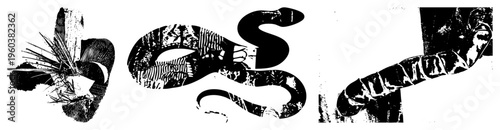 Serpentine vector graphics with halftone textures, reptile, minimalist fauna, tattoo art motifs, black and white glyph designs.