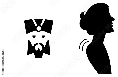 Pirate with bowler hat and goatee facing woman in profile stylized silhouette, vector, isolated characters, dialogue exchange, black, flat design.
