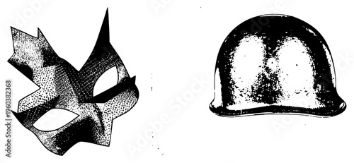 Stylized halftone mask with jagged edges and helmet with reflective texture, graphic design elements, vector art, isolated foreground, black and white, bold silhouettes.