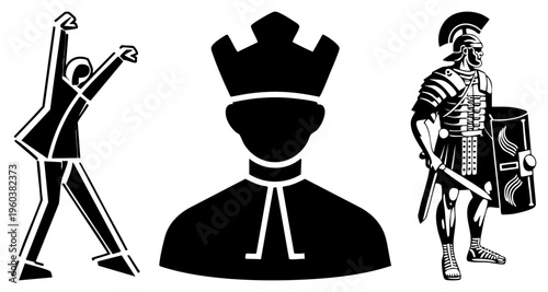 Celebratory dancer, crowned monarch, Roman legionary bold black, symbolic poses, minimalist vector art, flat design, historical and modern.