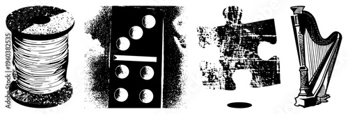 Classic thread spool, tile, jigsaw puzzle piece, harp instrument vector with halftone texture. Ideal for design, games, music, or crafting themes.