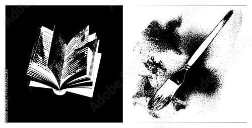 Vector illustration of open book with textured pages and paintbrush, artistic tools, creative inspiration, study materials, design assets, educational symbols.