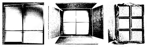 Architectural window frames rendered in halftone dot, open casement view, grid panes, urban or interior design element, vector graphic with textured shading.