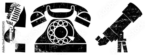 Retro microphone, rotary phone, telescope classic tech, distressed vector art, communication and discovery symbols, graphic.