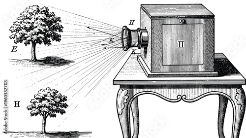 Vintage camera obscura illustration optical projection device showing inverted image through lens historical scientific diagram engraving style black and white