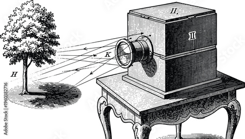 Vintage camera obscura optical device illustration showing light projection and inverted image formation scientific diagram engraving black and white