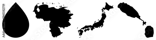 Vector map of Venezuela, Japan, and with a water droplet, isolated shapes, geographic symbols, minimalist design.