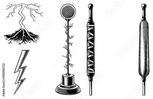 Classic electrical equipment with intricate wire, lightning bolt symbol, vintage scientific tools, engraved art, technical illustrations.