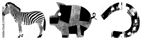 Black and white animal shapes zebra stripes, pig dotted texture, horseshoe rendered as vector art with halftone and bold strokes, ideal for graphic design projects.