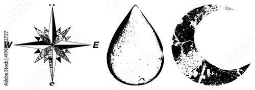 halftone vector compass rose, stylized droplet, moon (distressed). Ideal for navigation, nature, mystical themes.