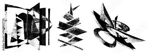 Bold black abstract forms with halftone grain, angular and shapes, modern graphic design, vector art, stylized composition.