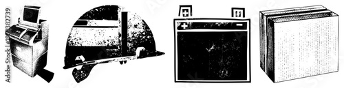 Retro tech including computer terminal, helmet, monitor, and server rack, rendered in halftone, vector graphic, isolated foreground.