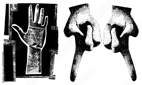 Artistic depiction of three hands rendered in halftone dots, one with geometric shapes, isolated vector illustration, graphic design element.